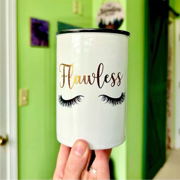 Eyelashes Beauty Make Up Brush Holder "Flawless" Ceramic Storage Jar Art - Picture 2 of 9